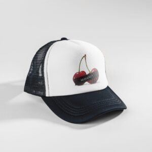 Trucker cap, snapback, blue with white front, blue mesh. Isolate